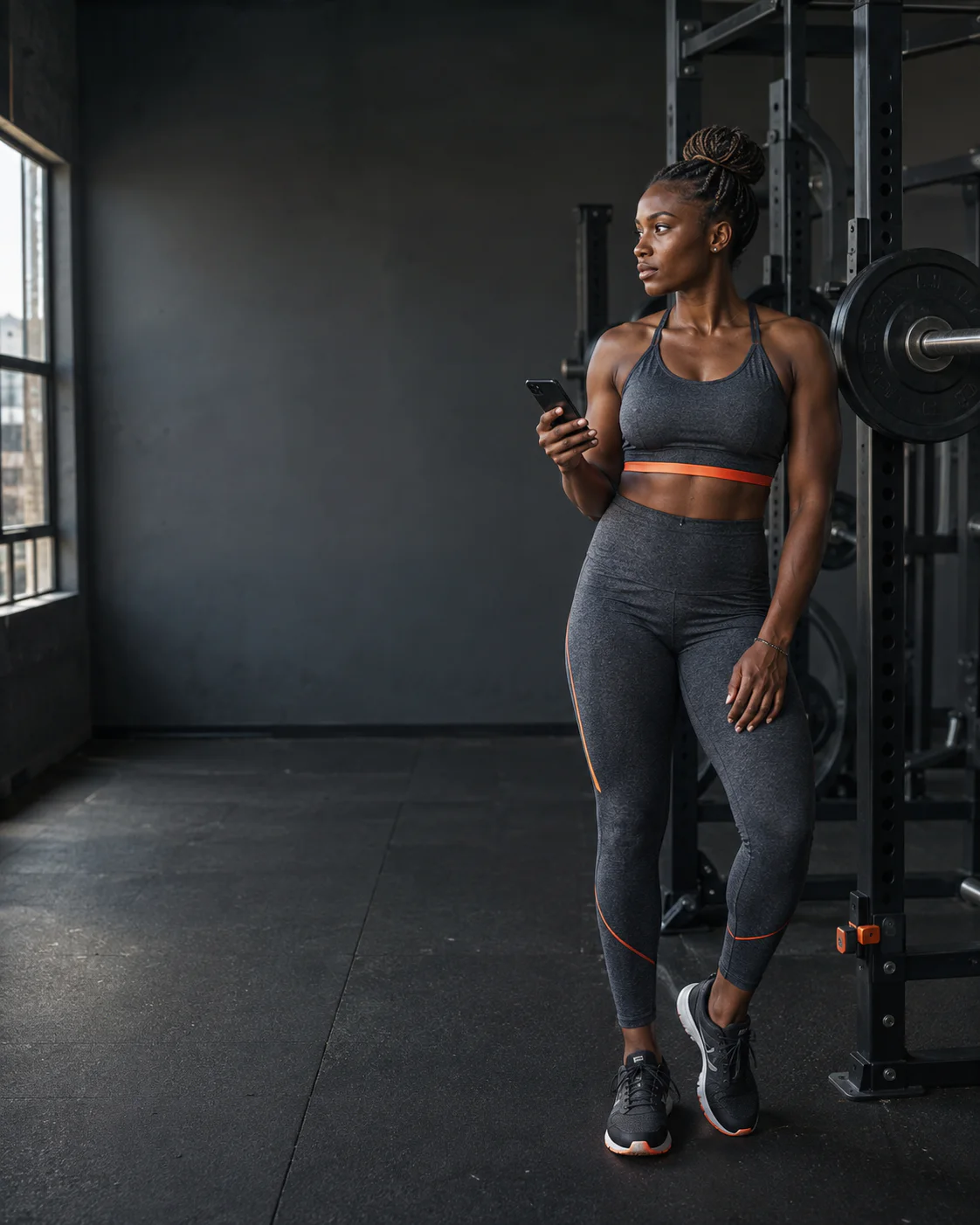 An athlete with her phone between sets in a dark gym