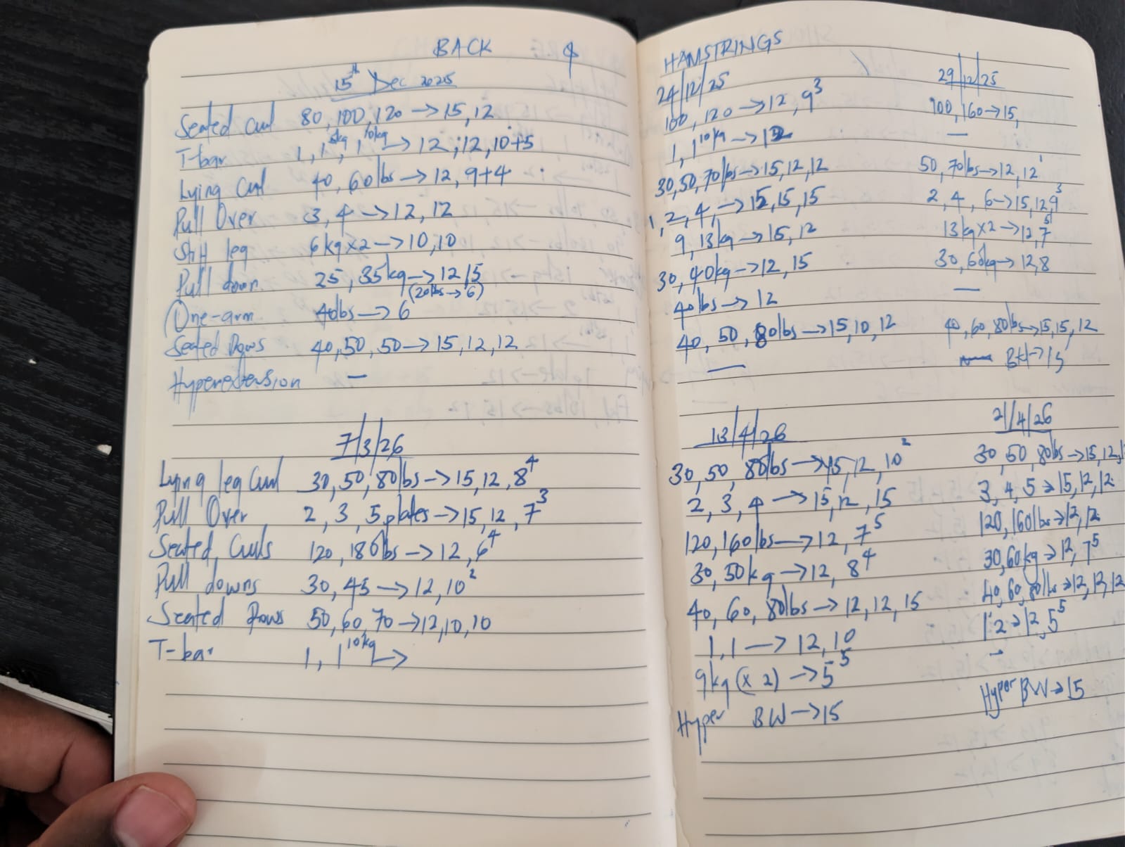 A handwritten training diary: exercises with their loads, then their reps